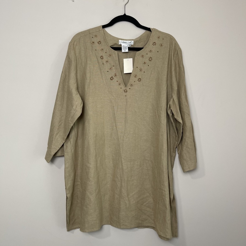 NWT Coldwater Creek‎ Linen Tunic Embellished Neutral Boho Coastal Grandma Blouse